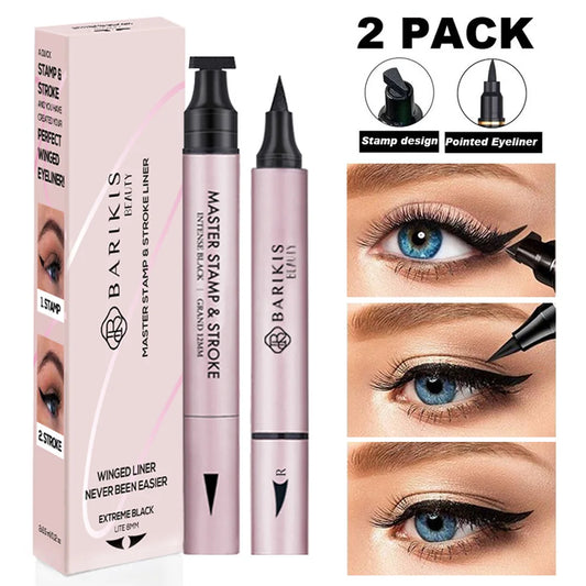 2 Pens Winged Eyeliner Stamp Black Brown Liquid Eyeliner Pen Triangle Seal 2-in-1 Waterproof Makeup Kit With Eye Liner Pencil
